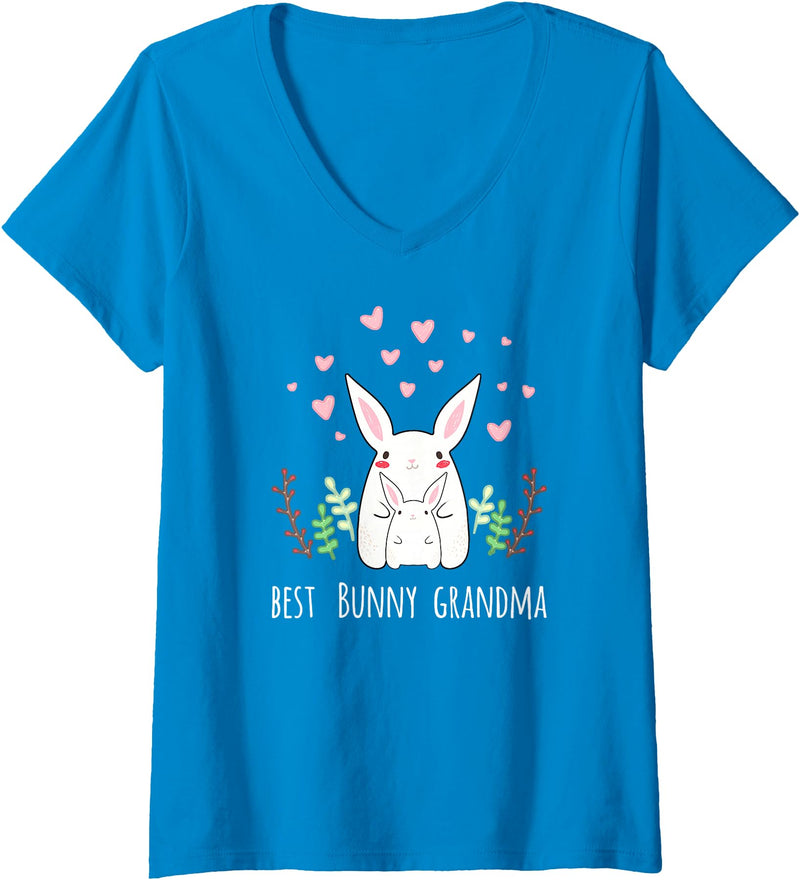 Women's Cute Bunny Grandma Rabbit Grandmother V-Neck T-Shirt in Sapphire Blue