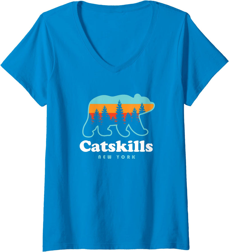 Catskill Mountains Womens Catskills NY Bear Mountains Camping Hiking New York V-Neck T-Shirt - Sapphire Blue