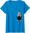 Funny Llama in Pocket Women's Llama Lover Cute Pocket V-Neck T-Shirt - Sapphire Blue