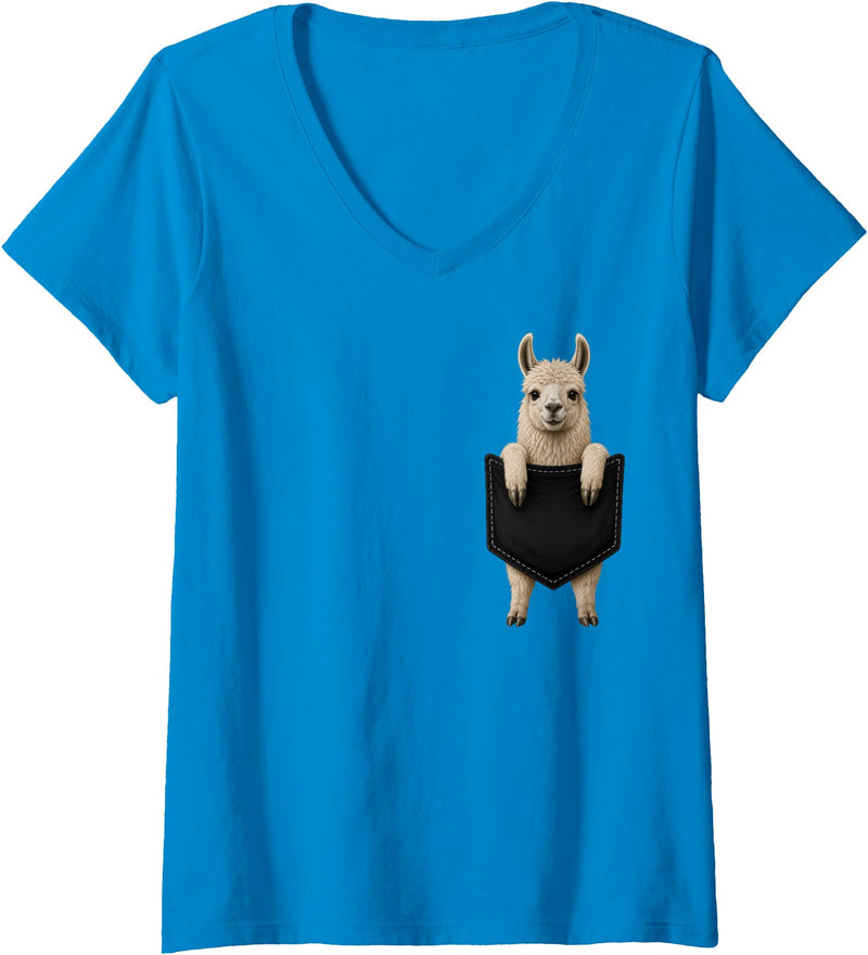 Funny Llama in Pocket Women's Llama Lover Cute Pocket V-Neck T-Shirt - Sapphire Blue