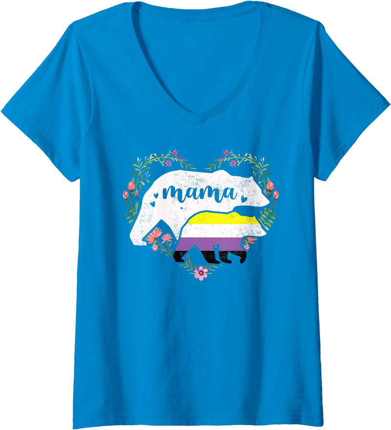 LGBT Non Binary Pride Shirt Mom Mama Bear for Moms Womens LGBTQ Mama Bear Non Binary Gay Equal Rights Rainbow V-Neck T-Shirt - Sapphire Blue