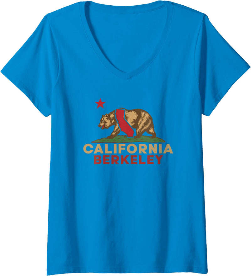 California Bear Vintage Berkeley West Coast Women's Berkeley California Vintage Bear Retro State Pride V-Neck T-Shirt - Sapphire Blue