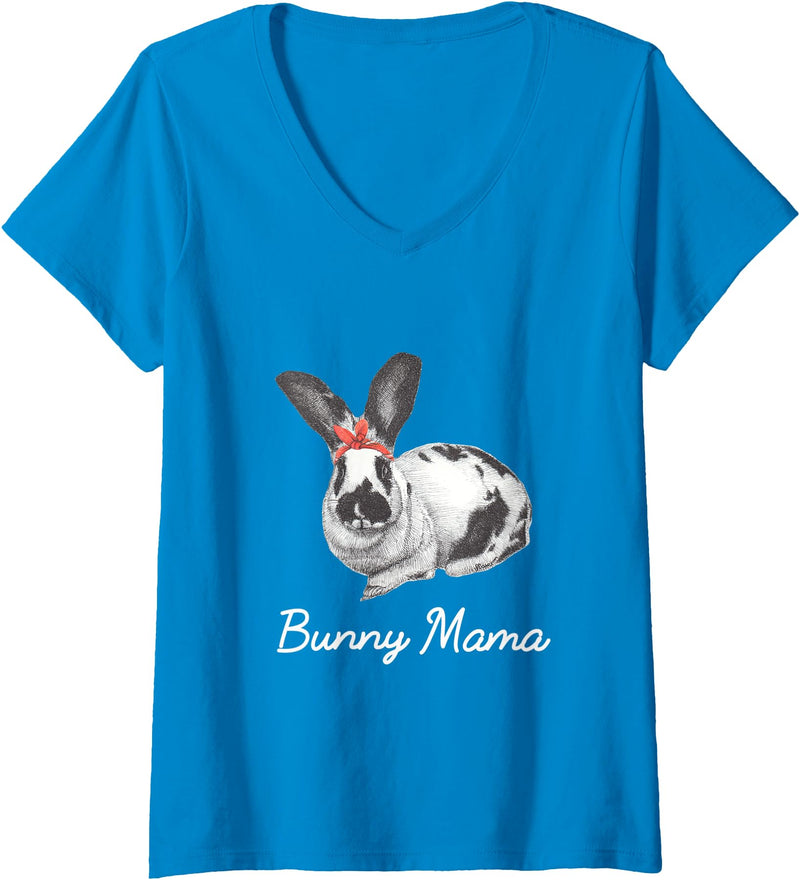 Womens English Spot Bunny Rabbit Mama Drawing V-Neck T-Shirt in Sapphire Blue