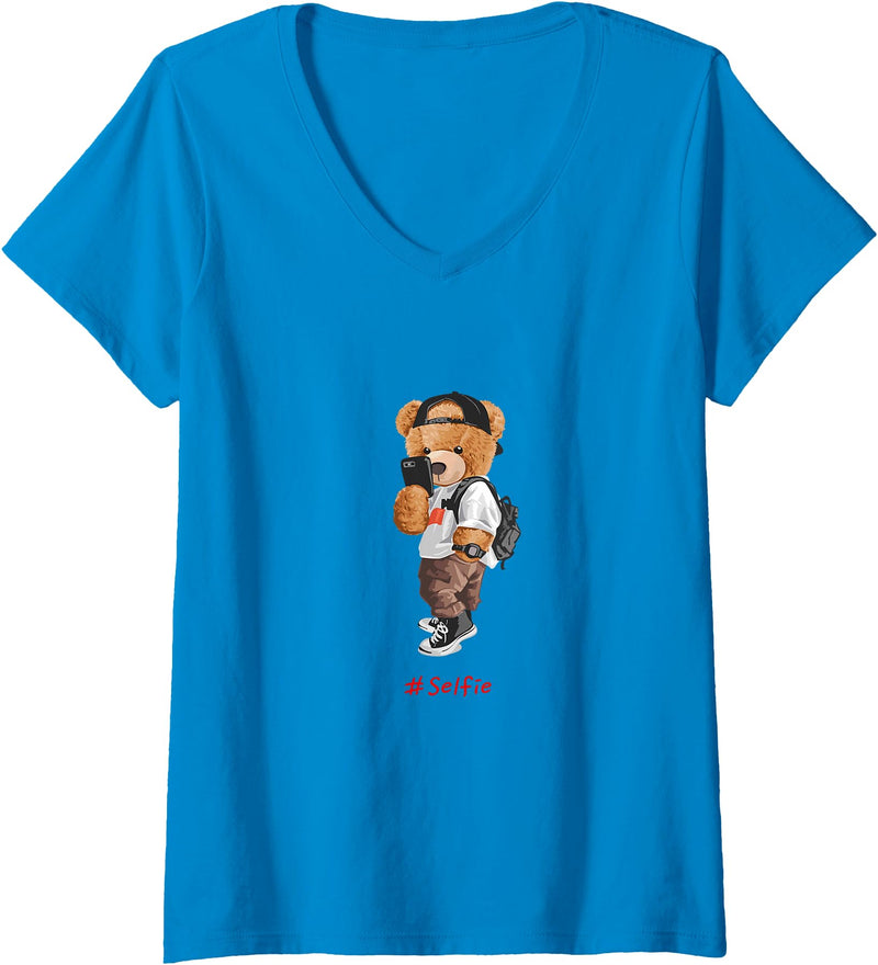 Bahaa's Tee Womens Men's Women's Kids Teddy Bear Graphic Cool Designs Funny V-Neck T-Shirt - Sapphire Blue