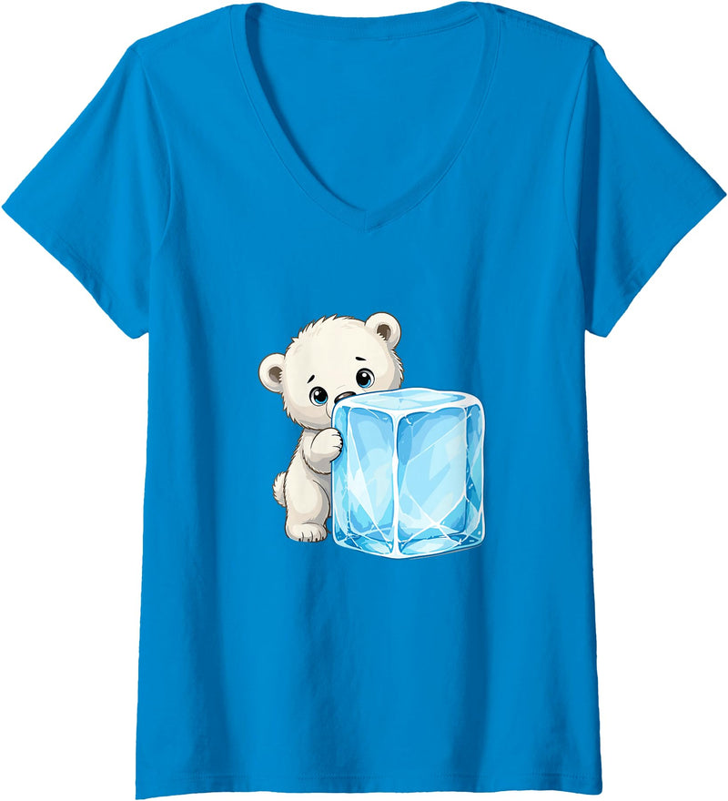 Cute Polar Bear Ice Cube Cartoon Arctic Women's Kawaii Baby Polar Bear Hugging Big Ice Cube V-Neck T-Shirt - Sapphire Blue