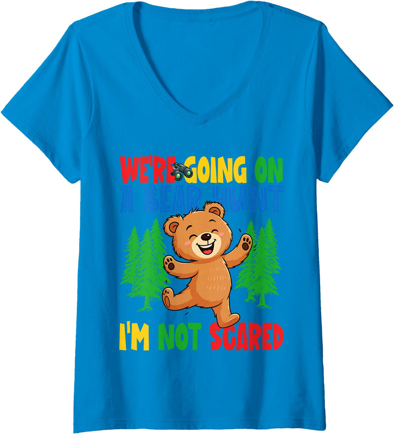 Cute Cartoon Bear Matching Family Outing for Kids Womens We're Going on a Bear Hunt I'm Not Scared Playful Kids Cute V-Neck T-Shirt - Sapphire Blue