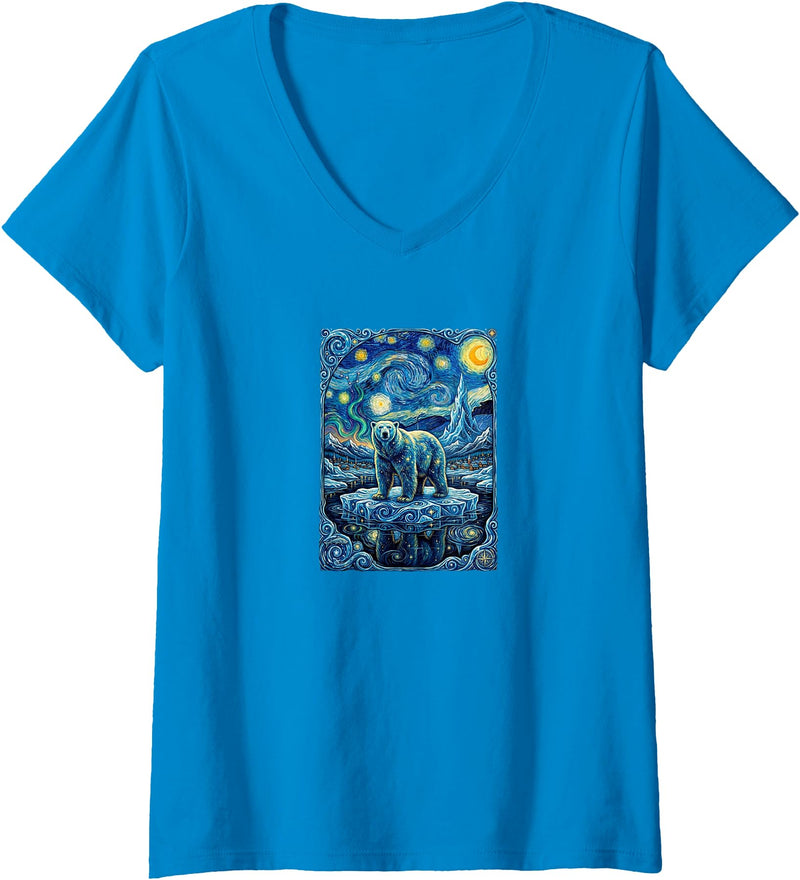 Cute Polar Bear Van Gogh Style Starry Design Women's Cute Polar Bear Van Gogh Style Starry Night Graphic V-Neck T-Shirt - Sapphire Blue