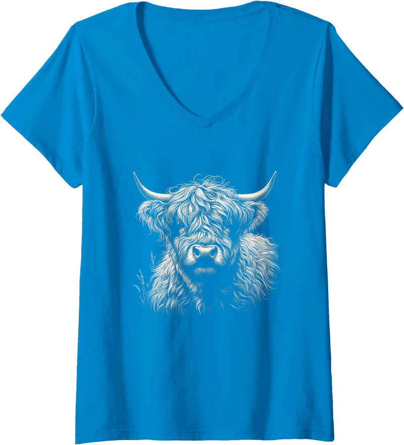 Highlander Cow Lover Theme Designs Womens Vintage Scottish Highland Cow Face Graphic Cattle Art Design V-Neck T-Shirt -