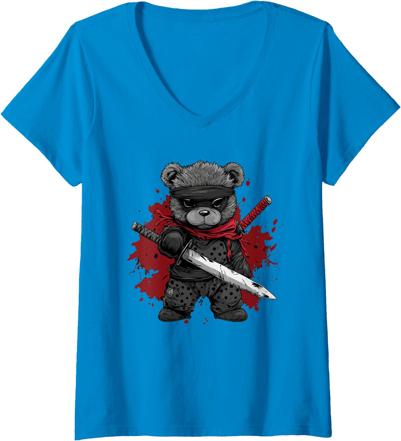 dark teddy bear love Womens Ninja Teddy Bear V-Neck T-Shirt - Sapphire Blue
