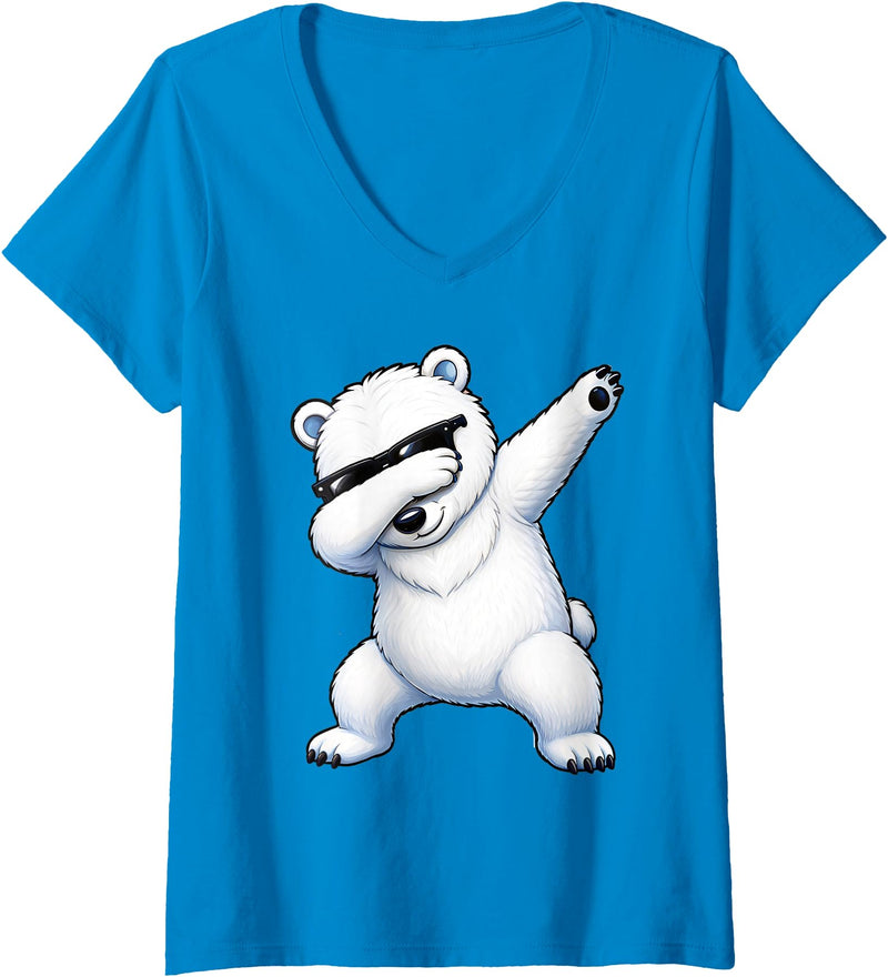 Cool Dabbing Polar Bear Women's Fun Dabbing Polar Bear Cool Stylish Dab Dance Bear V-Neck T-Shirt - Sapphire Blue