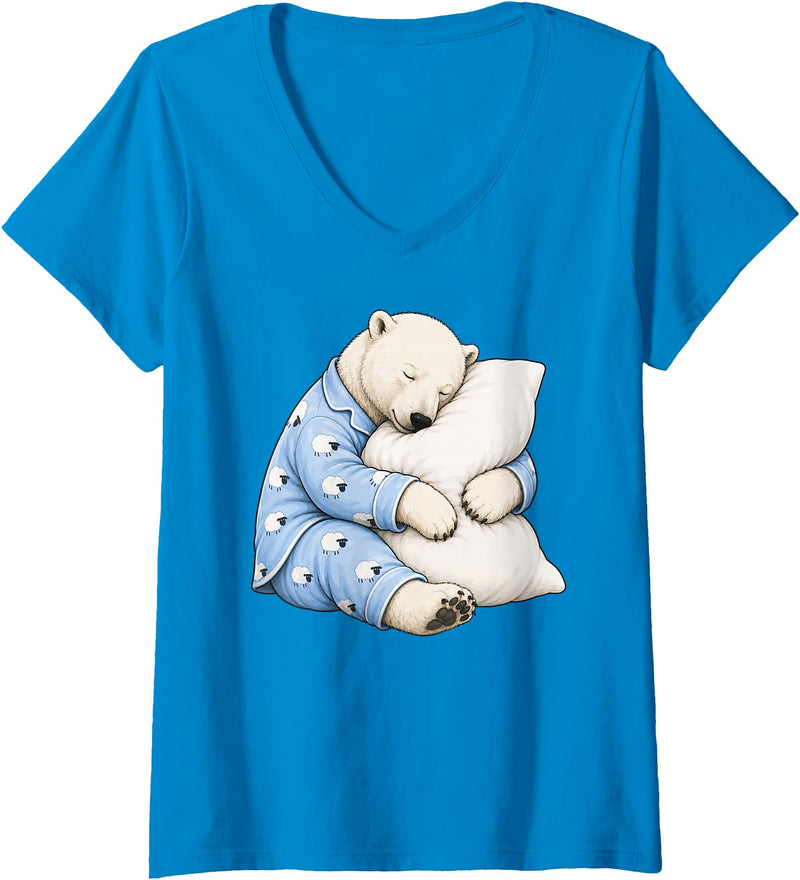 Funny Sleepy Polar Bear Pajama Women's Polar Bear Sleeping in Cute Pajamas Sleep V-Neck T-Shirt - Sapphire Blue