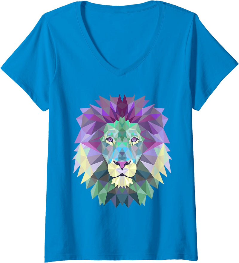 Lion Shirts JG Womens Lion Face Shirt Cool Zoo Animals V-Neck T-Shirt - Sapphire Blue