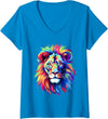 Colorful Lion, Graphic Design, Cool Lion Womens Colorful Lion Spirit Animal Multicolor Art Leo Lion V-Neck T-Shirt - Sapphire Blue