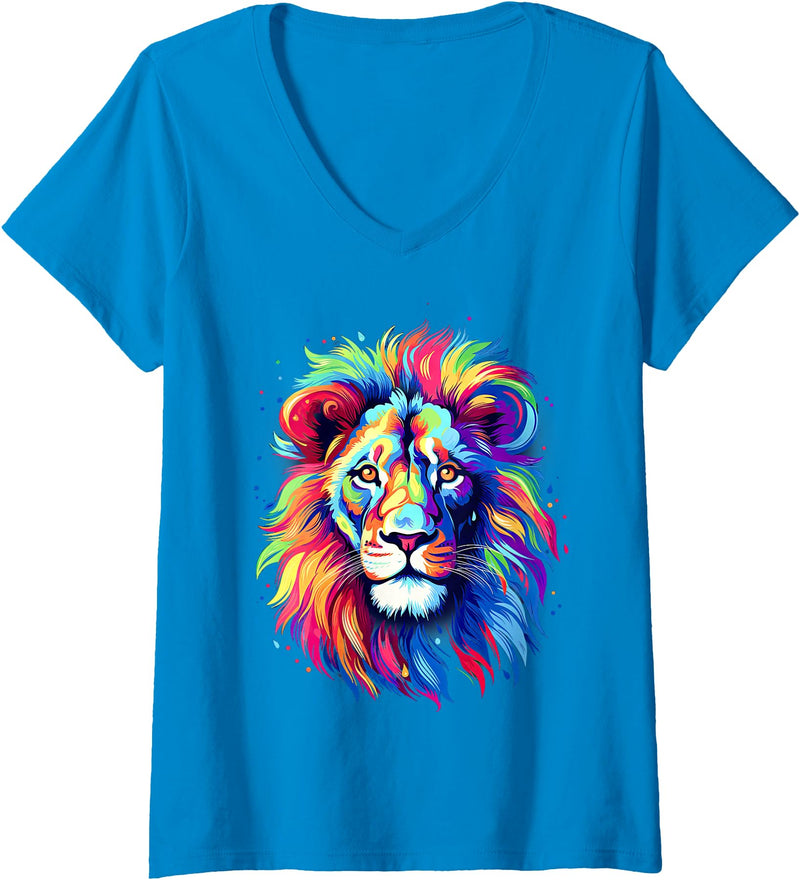 Colorful Lion, Graphic Design, Cool Lion Womens Colorful Lion Spirit Animal Multicolor Art Leo Lion V-Neck T-Shirt - Sapphire Blue