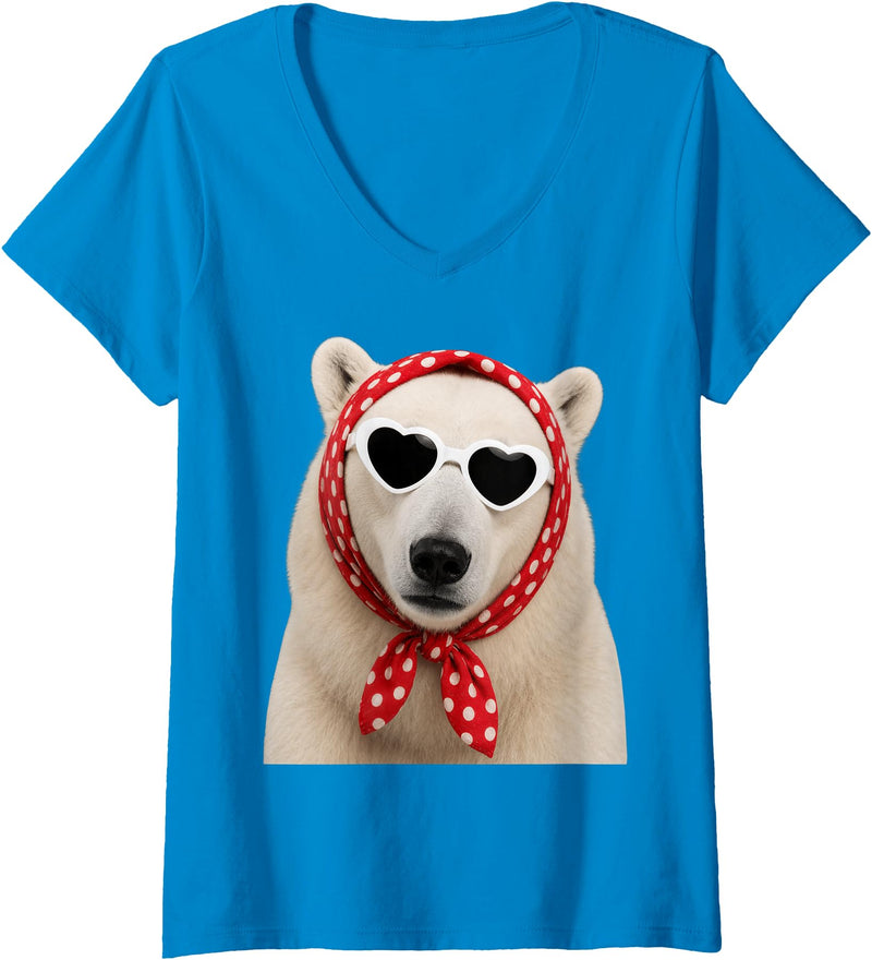 Funny Polar Bear with Sunglasses Women's Cute Polar Bear Lover Heart Sunglasses V-Neck T-Shirt - Sapphire Blue