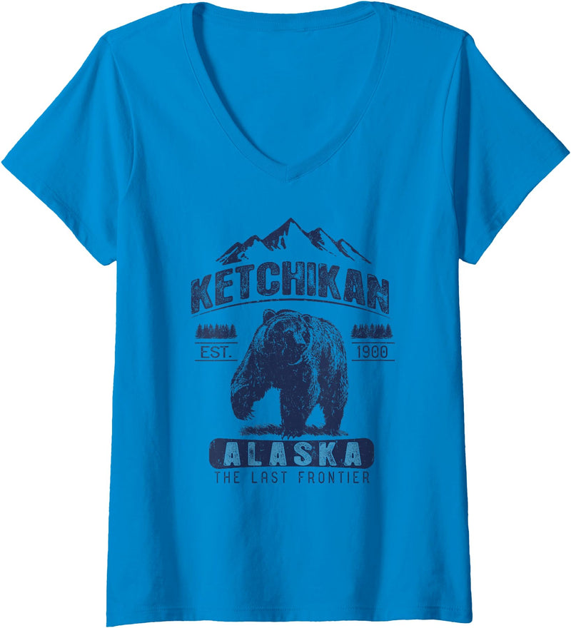 Ketchikan Alaska Souvenir Gift Shirts Womens Vintage Bear Ketchikan Alaska Shirt - Ketchikan AK V-Neck T-Shirt - Sapphire Blue