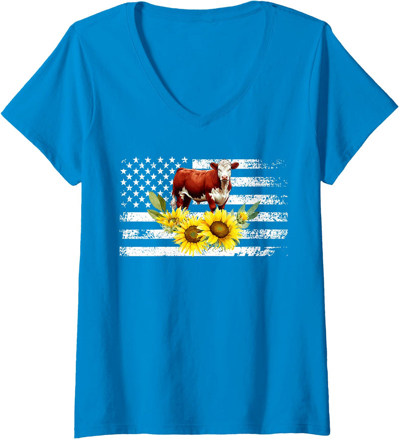 Proud Hereford Cow Boy Hereford Cow Girl Womens Hereford Cow US Flag Hereford Cow Lover Hereford Cattle V-Neck T-Shirt -