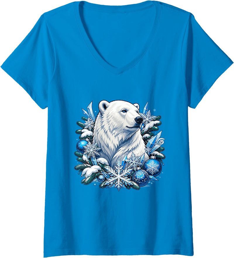 Arctic Polar Bear Snowflake Winter Christmas Women's Christmas Polar Bear Snowflakes Winter Ornaments V-Neck T-Shirt - Sapphire Blue
