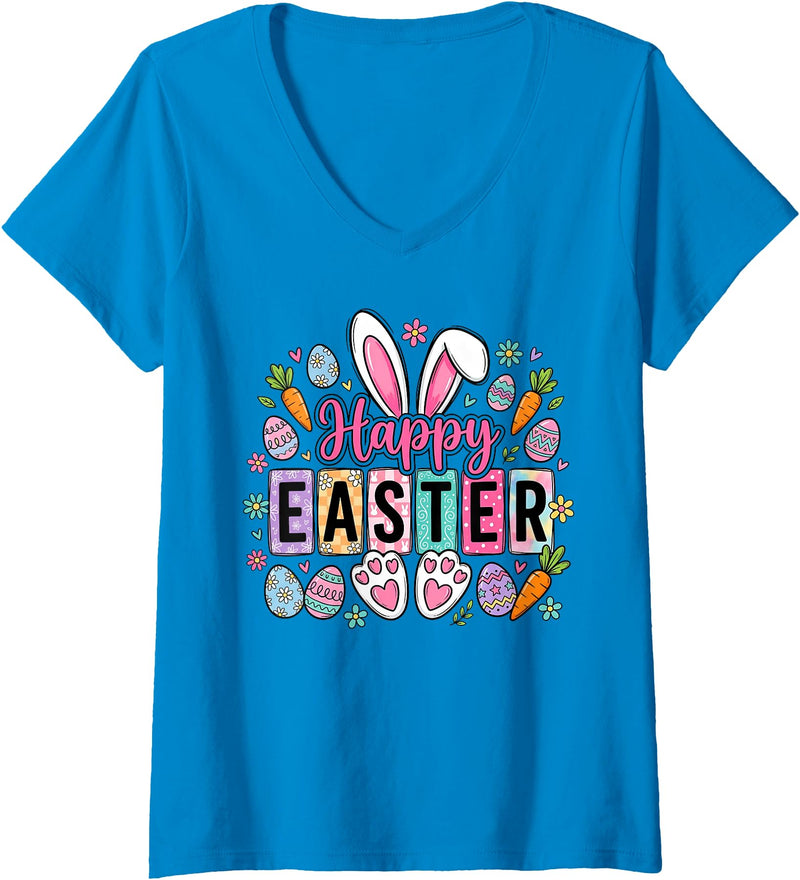Women's Happy Easter Bunny Egg V-Neck T-Shirt in Sapphire Blue