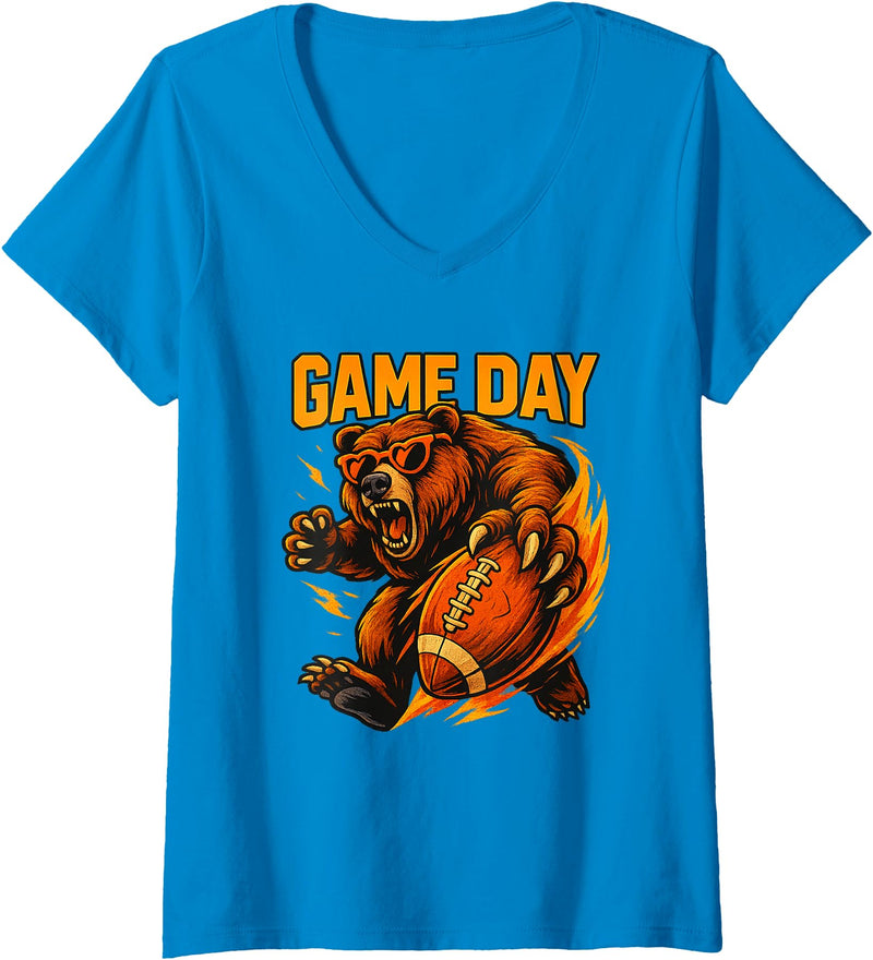 Funny Football Bear Game Day Sports Gift Womens Funny Football Bear Game Day Vintage Shirt Fans V-Neck T-Shirt - Sapphire Blue