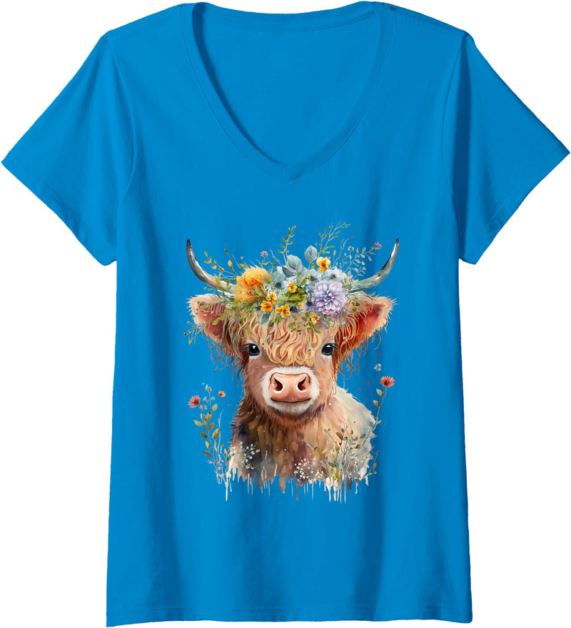 From Dyzamora Womens Super Cute Watercolor Baby Highland Cow - Adorable V-Neck T-Shirt - Sapphire Blue