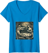 Women's Alligator and Mermaid Playing Poker Sketch V-Neck T-Shirt - Sapphire Blue