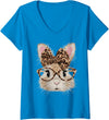 Women's Cute Bunny Rabbit Face Leopard Coquette Bow V-Neck T-Shirt in Sapphire Blue