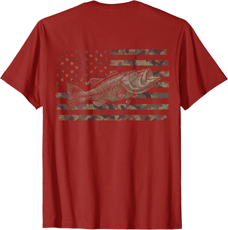 Great American Outdoors Camo Designs Fishing American Flag Camo Bass Fish (Design on Back) T-Shirt - Cranberry Red