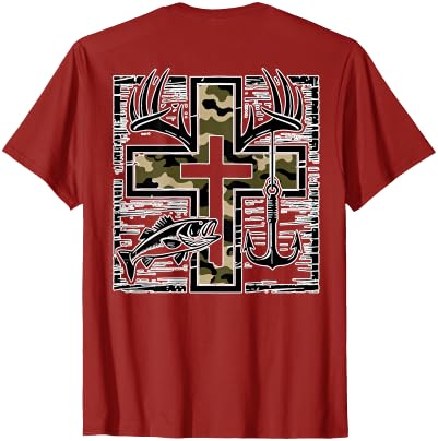 Camo Cross Fishing Faith Christian 2 Sided Hunting Fishing Cross Camo Faith Christian Fisherman Hunter T-Shirt - size chart