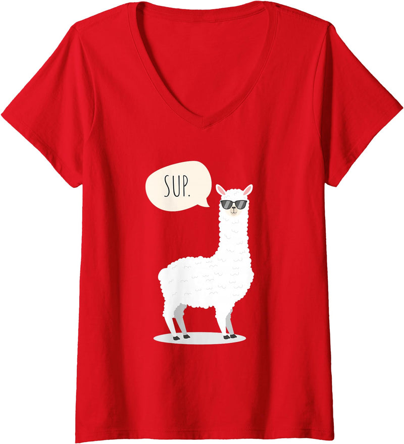 Funny & Cute Llama Gifts by OMG Womens Sup No Drama Llama Alpaca V-Neck T-Shirt - Red