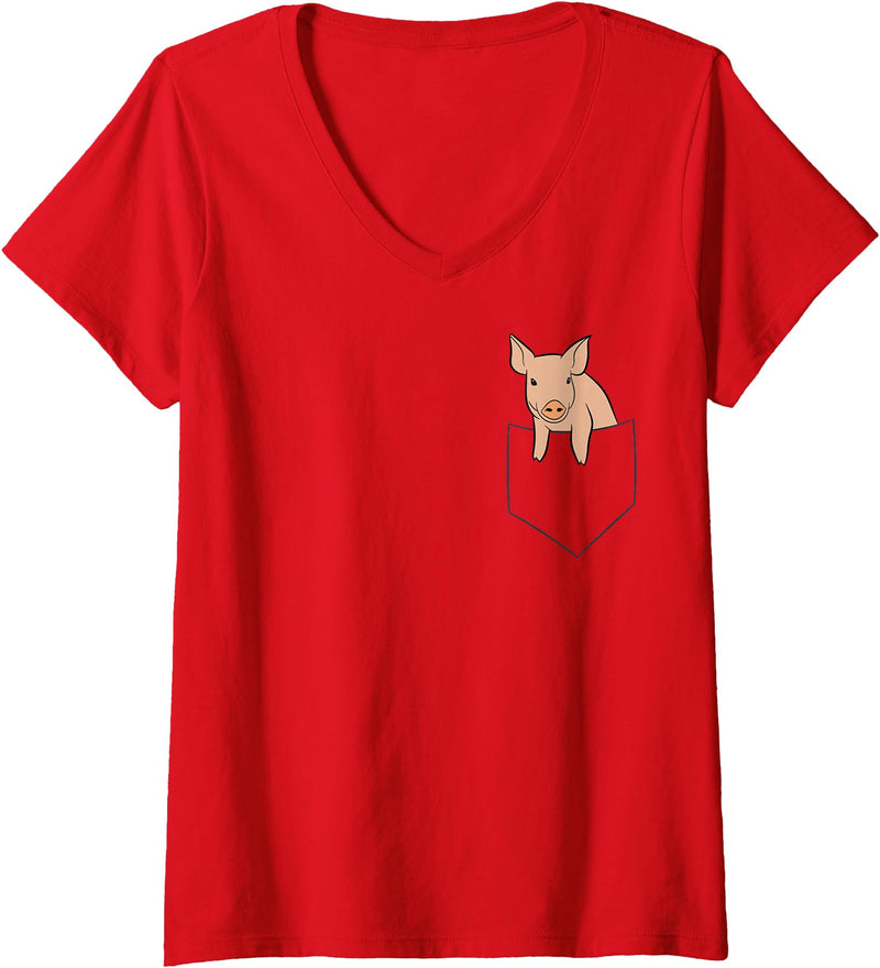 Funny Pig Farmer Gifts Womens Funny Pig In A Pocket Funny Pig Kids Pocket Pig V-Neck T-Shirt - Red