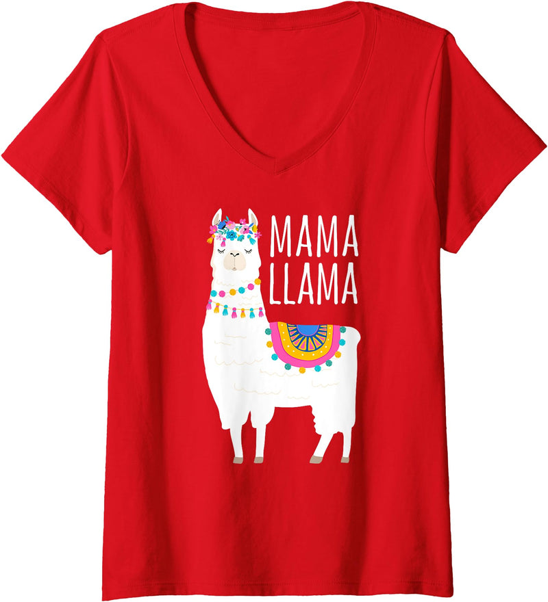 Mama Llama Lover Gifts by Memme Womens Mama Llama Shirt for Women V-Neck T-Shirt - Red