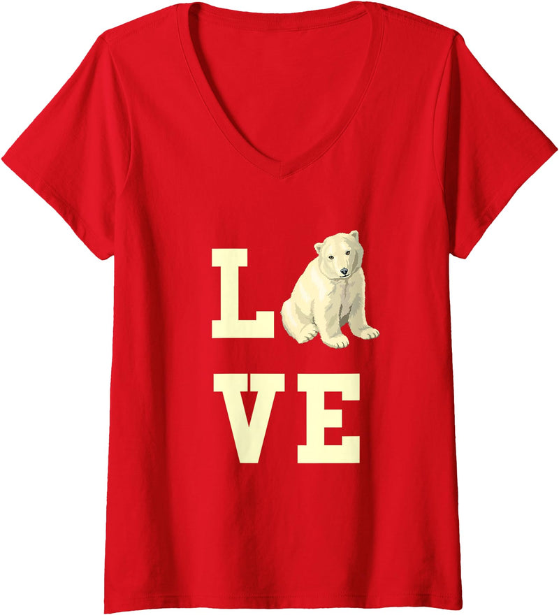 Womens Love with Polar Bear V-Neck T-Shirt - Red