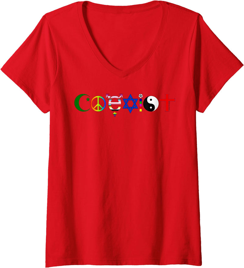 Bear In The Cloud Womens Coexist V-Neck T-Shirt - Red
