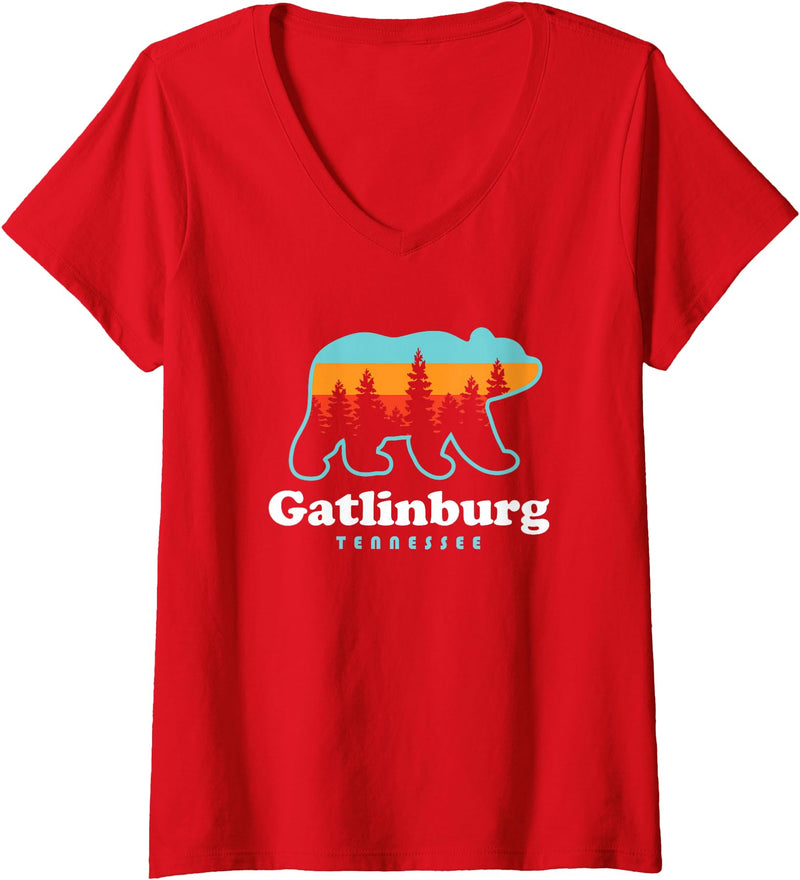 Great Smoky Mountains TN Travel Womens Gatlinburg Tennessee Bear Great Smoky Mountains V-Neck T-Shirt - Red