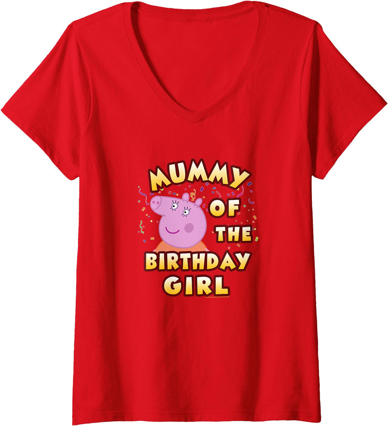 Womens Peppa Pig Mummy of The Birthday Girl V-Neck T-Shirt Small - Red
