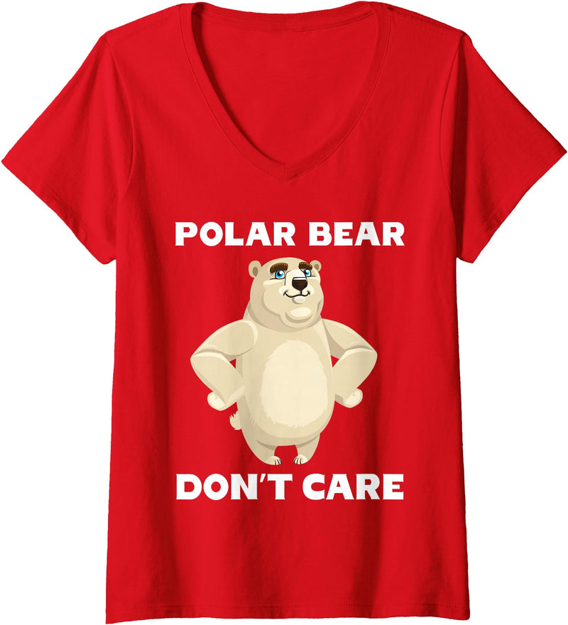 FUNNY POLAR BEAR PRODUCTS Women's Polar Bear Don't Care Funny Quote Saying Slogan Phrase Joke V-Neck T-Shirt - Red