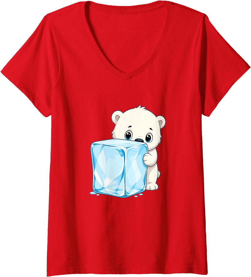 Cute Polar Bear Ice Cube Arctic Kawaii Women's Adorable Baby Polar Bear Hugging Big Ice Cube V-Neck T-Shirt - Red