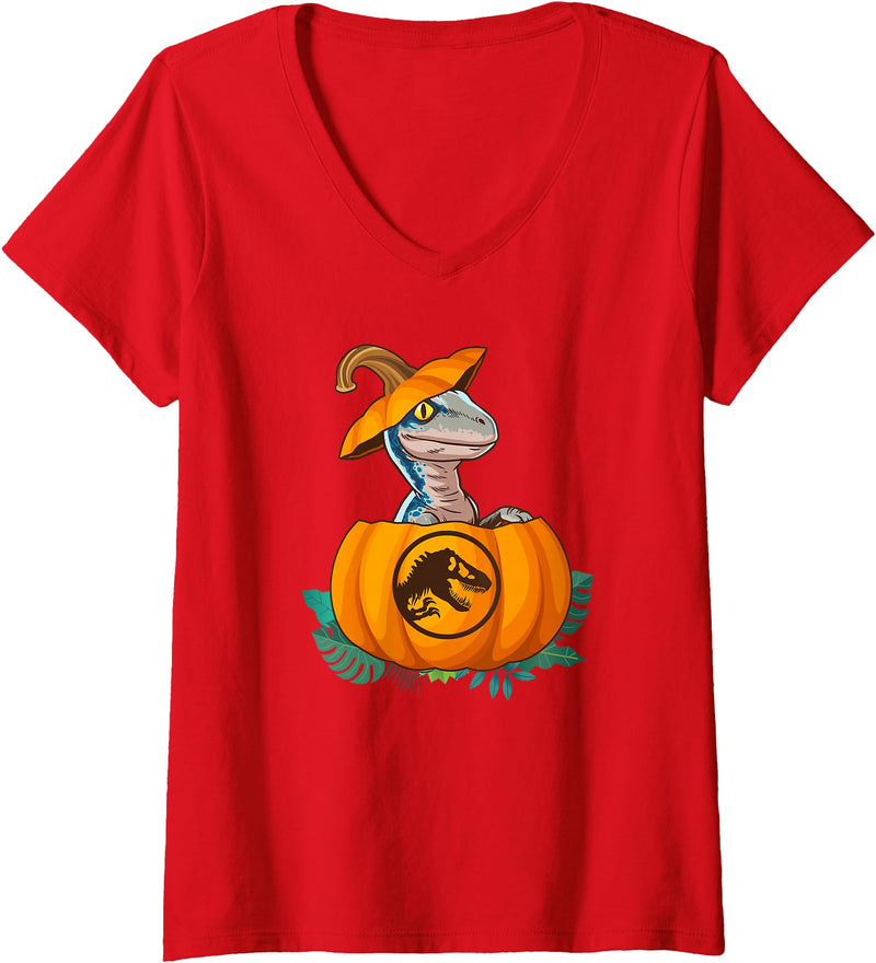 Women's Jurassic World Halloween Dinosaur Pumpkin Logo V-Neck T-Shirt - Red