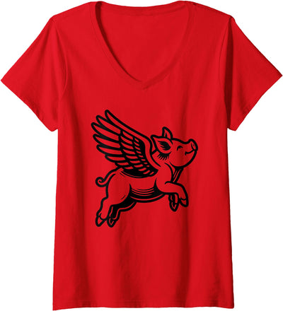 Women's Funny Flying Pig Oink Aviator V-Neck T-Shirt