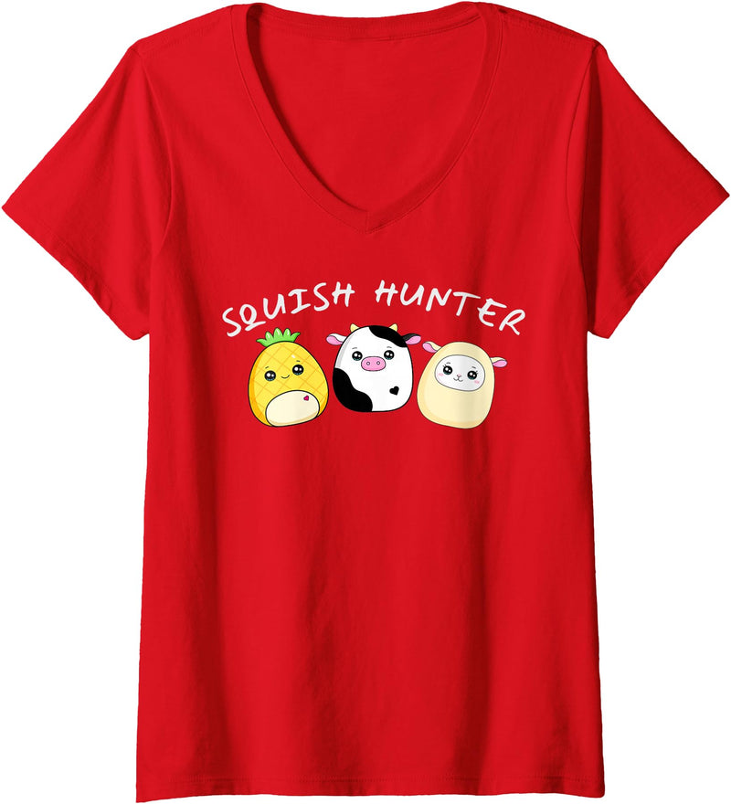 Funny anime designs Womens Squish hunter cute animals pineapple cow lamb V-Neck T-Shirt - Red