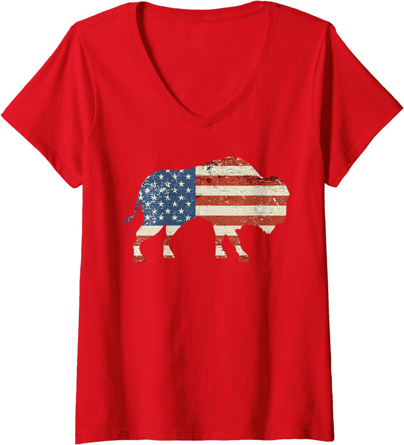Buffalo USA American flag Bison 4th of July Women's Boys Bison American Flag Buffalo 4th of July Bison Men USA V-Neck