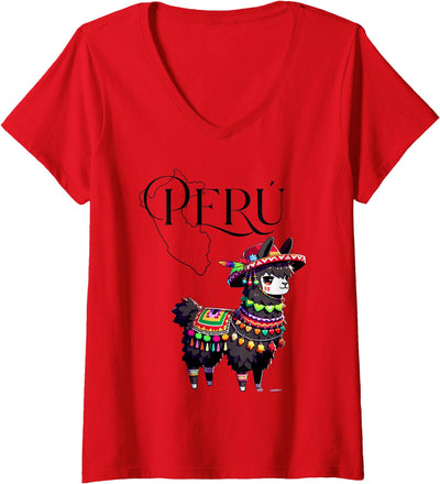 Ceci Merch Studio Women's Attractive Casual Peruvian Andean Graphic Llama V-Neck T-Shirt