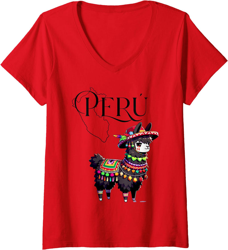 Ceci Merch Studio Women's Attractive Casual Peruvian Andean Graphic Llama V-Neck T-Shirt - Red