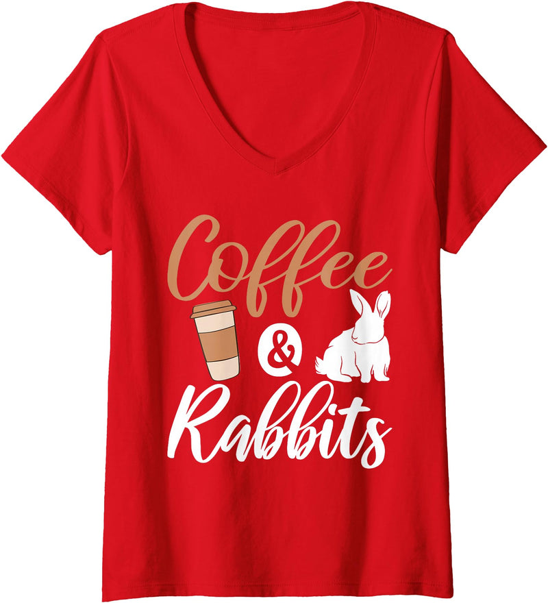 Womens Coffee and Rabbits Cute Rabbit Lover V-Neck T-Shirt in Red
