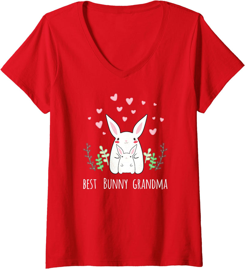 Women's Cute Bunny Grandma Rabbit Grandmother V-Neck T-Shirt in Red