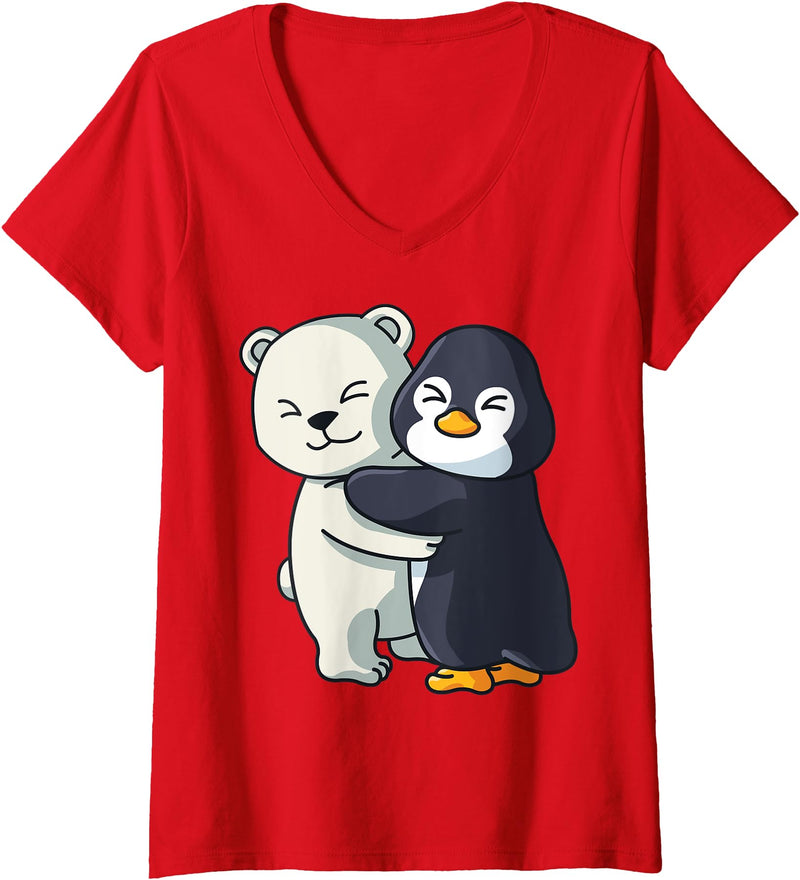 Penguin and Polar Bear Hug Antarctica Animals Womens Cute Polar Bear and Penguin Arctic Animal Lover Hugging V-Neck T-Shirt - Red