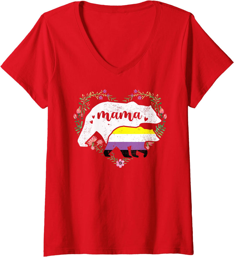 LGBT Non Binary Pride Shirt Mom Mama Bear for Moms Womens LGBTQ Mama Bear Non Binary Gay Equal Rights Rainbow V-Neck T-Shirt - Red