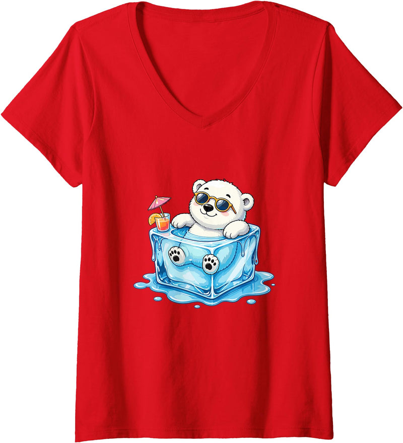 Cool Polar Bear Summer Ice Cube Vibes Women's Chill Polar Bear in Ice Cube Summer Mood V-Neck T-Shirt - Red