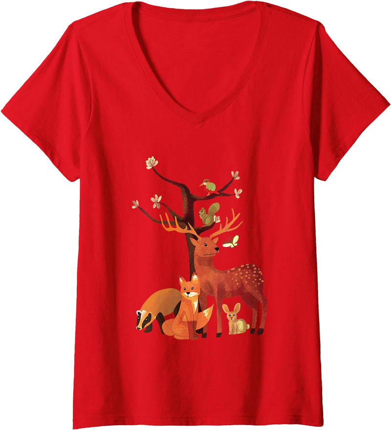 Womens Woodland Animals Deer Fox Rabbit Squirrel V-Neck T-Shirt in Red